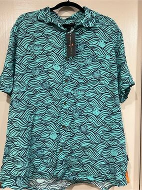 Margaritaville Aqua Seafoam Wave Print Short-Sleeve Button-Down Shirt